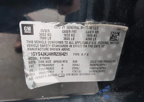 2017 Cadillac Escalade Esv Premium Luxury z USA, uszkodzony, nr VIN 1GYS4JKJ4HR236421